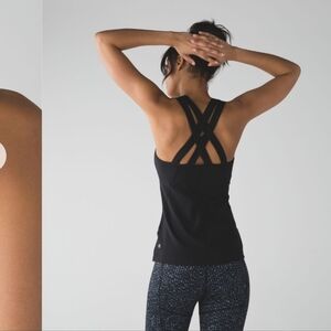 Lululemon Compassion Tank in black with a built-in mesh bra and criss-cross stra